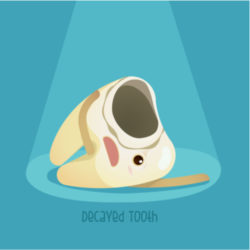 Cartoon of a sad tooth with a decay hole it in it - Dental